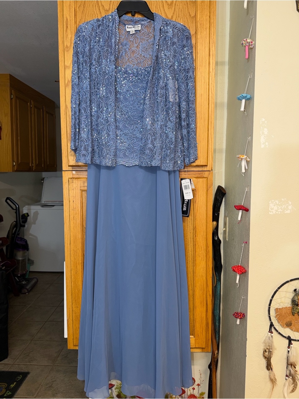 Karen miller Dusty Blue Lace Maxi Dress with Beaded Jacket NWT